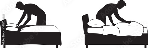 Silhouette Person Making the Bed Vector Illustration