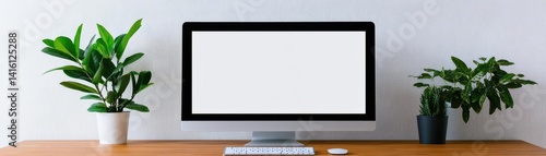 Obraz na płótnie Blank screen of monitor in computer on wooden office desk in stylish business room with white wall and mock up Light interior of office space with plants and laptop in vintage styl w salonie