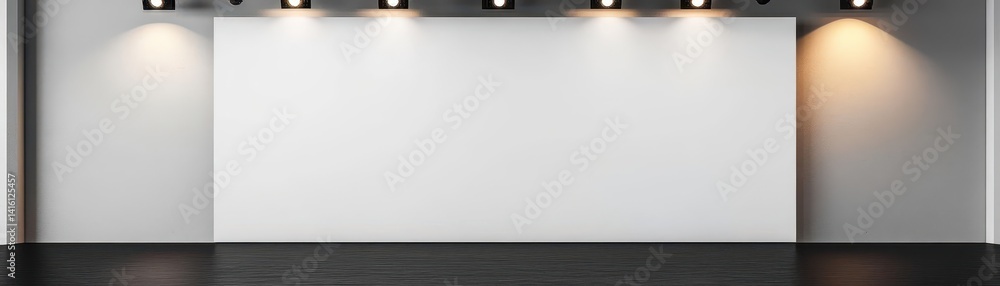 Blank white background on empty stage with black floor spotlights on the sides 3D rendering, mockup