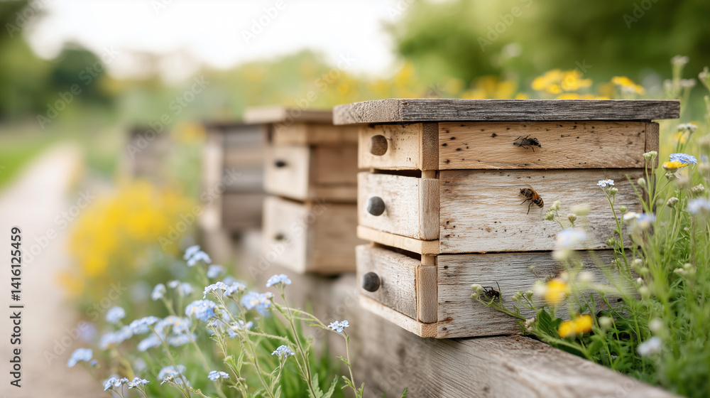 Three wooden bee houses sit on a weathered fence amidst vibrant wildflowers, attracting bees in a serene, natural environment. Three wooden bee houses sit on a weathered fence amidst vibrant wildflowers, attracting bees in a serene, natural environment.