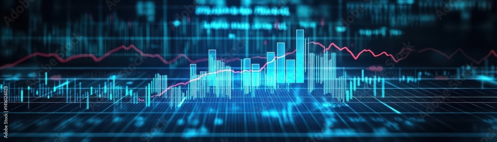 Blue backdrop with financial bar chart, uptrend line, and widescreen abstract stock market graph