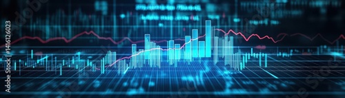Obraz na płótnie Blue backdrop with financial bar chart, uptrend line, and widescreen abstract stock market graph w salonie