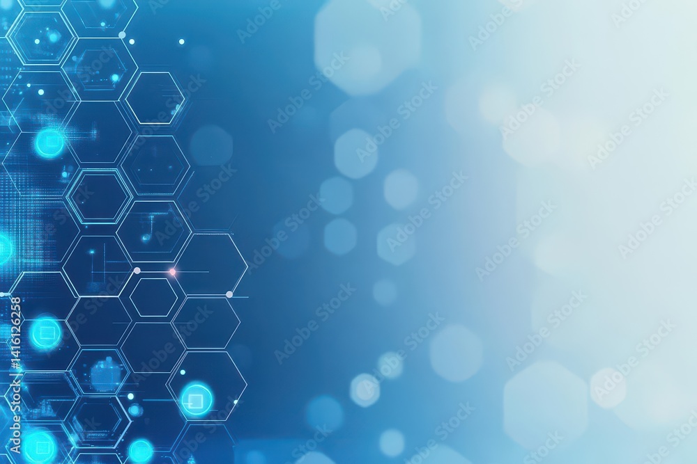 Blue geometric shape abstract technology background with hexagons and circles