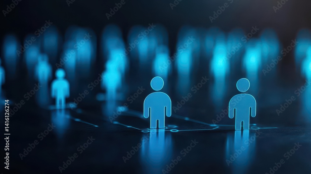 Blue figure emerging in sharp focus among blurred figures, leadership theme Generative AI