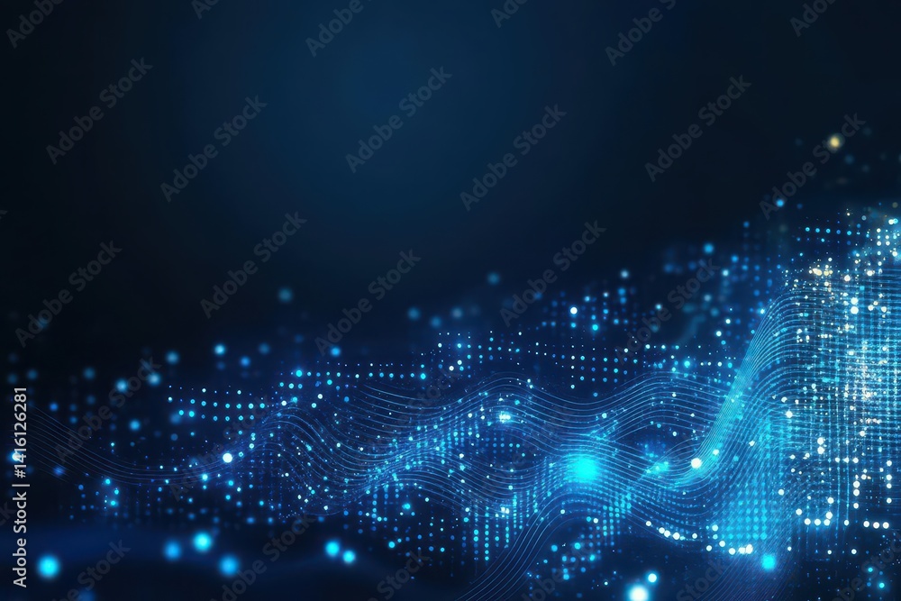 Fototapeta premium Blue glowing background with digital waves and dots, data or technology concept