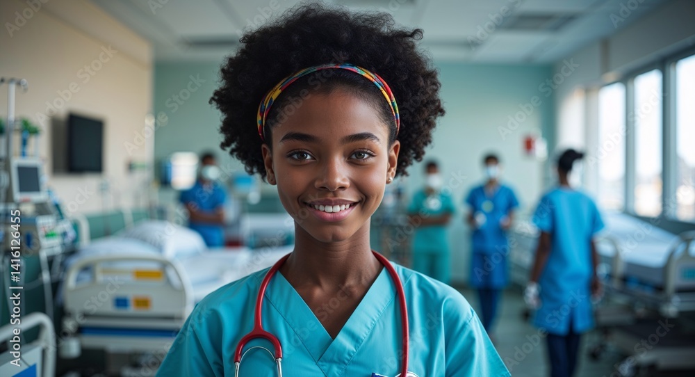 teen black African girl portrait health care hospital medical happy concept background with copy space