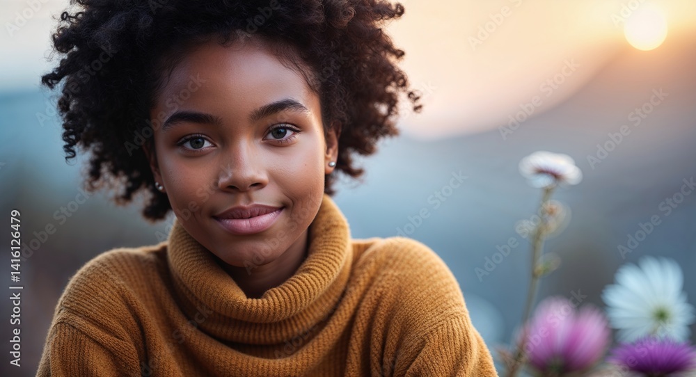 teen black African girl portrait morning routine skincare fresh day wellness concept background with copy space