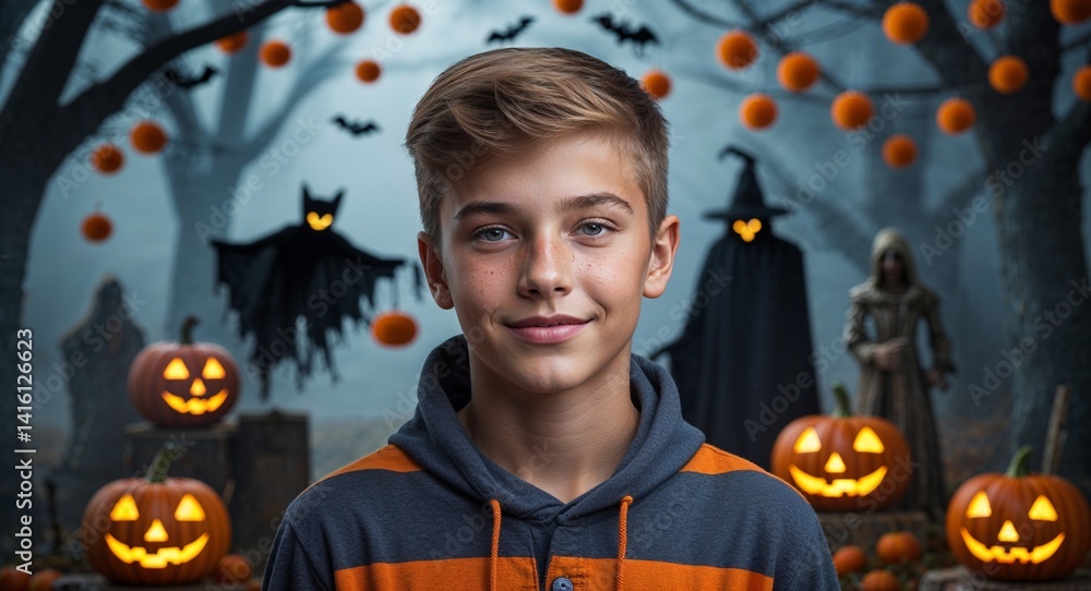 teen Caucasian boy portrait Halloween spooky festive fun concept background with copy space