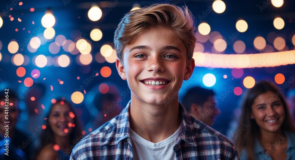 teen Caucasian boy portrait party night happy fun concept background with copy space
