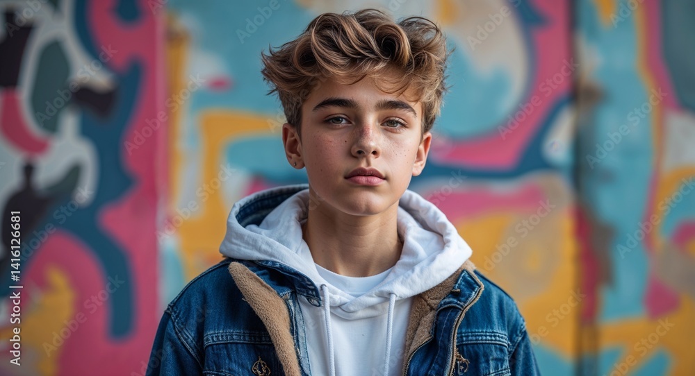 teen Caucasian boy portrait trendy streetwear photoshoot urban fashion ad concept background with copy space