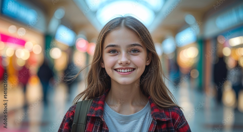 teen Caucasian girl portrait blur shopping mall sale happy concept background with copy space