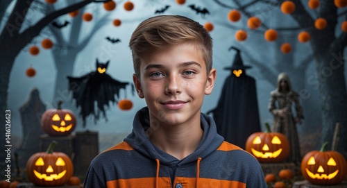Obraz na płótnie teen Caucasian boy portrait Halloween spooky festive fun concept background with copy space w salonie