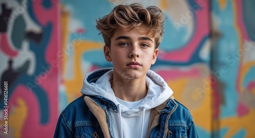 Obraz na płótnie teen Caucasian boy portrait trendy streetwear photoshoot urban fashion ad concept background with copy space w salonie