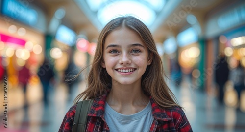 Obraz na płótnie teen Caucasian girl portrait blur shopping mall sale happy concept background with copy space w salonie