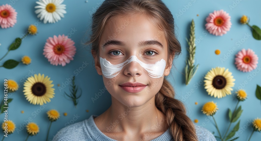 teen Caucasian girl portrait morning routine skincare fresh day wellness concept background with copy space