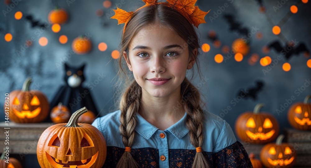 teen Caucasian girl portrait Halloween spooky festive fun concept background with copy space