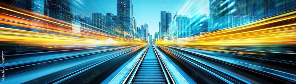 Fototapeta premium blurred background metro escalator light blue background movement city infrastructure subway