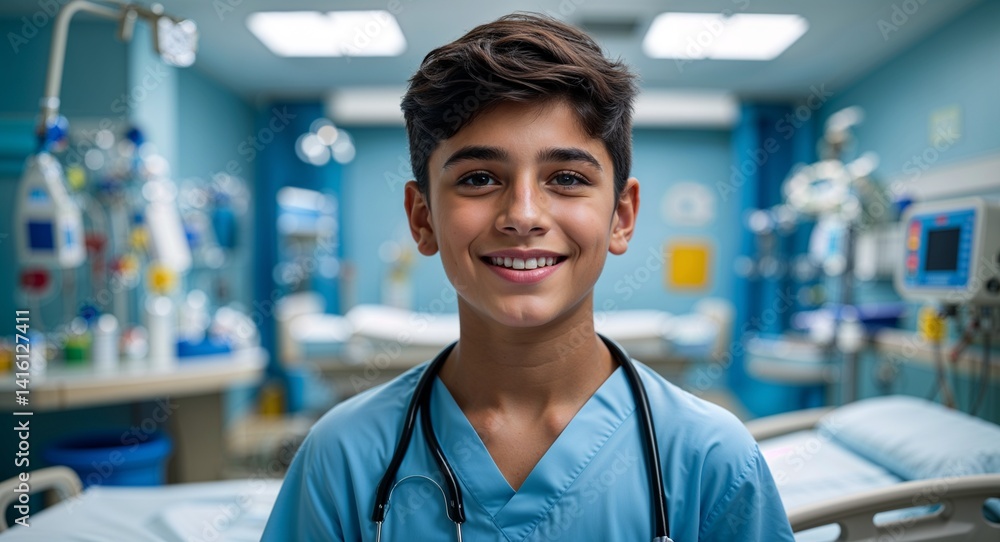 teen latin Hispanic boy portrait health care hospital medical happy concept background with copy space