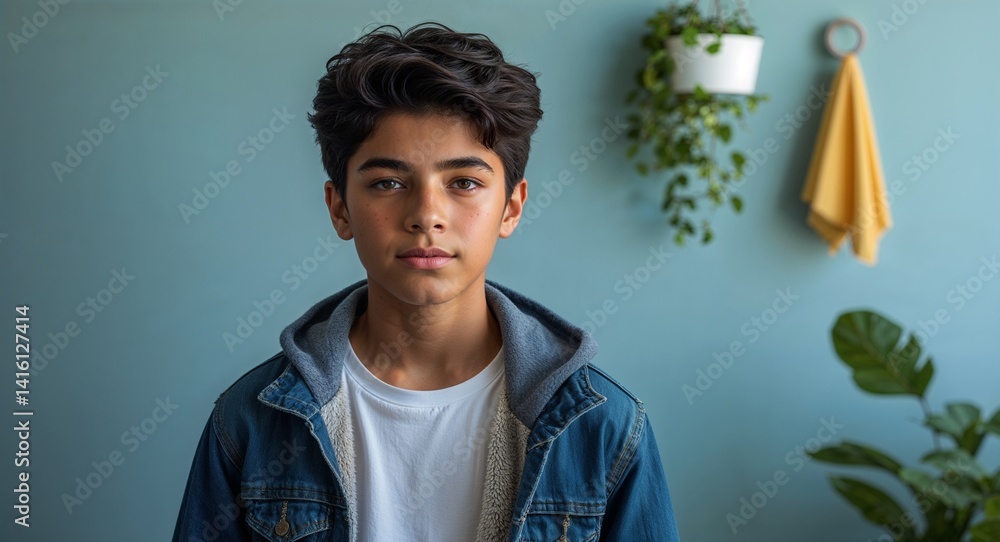 teen latin Hispanic boy portrait morning routine skincare fresh day wellness concept background with copy space