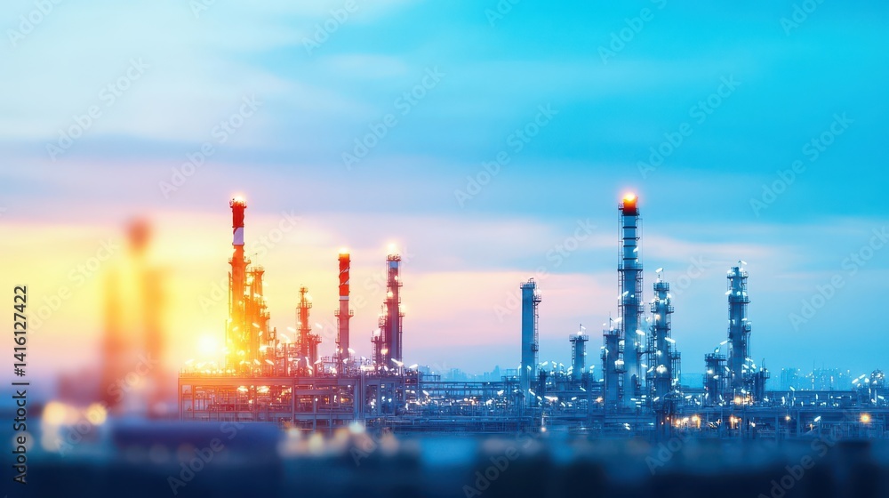 Blurred Industrial Landscape Background with Illuminated Refineries at Dusk