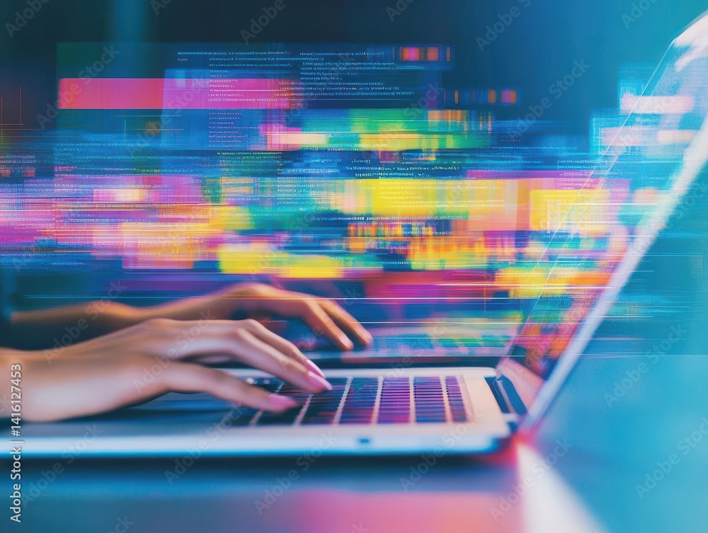 Blurred motion of hands typing on laptops in a vibrant coworking space, motion, connection