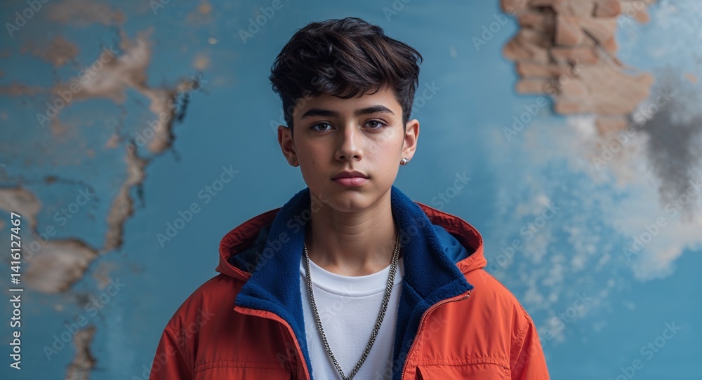 teen latin Hispanic boy portrait trendy streetwear photoshoot urban fashion ad concept background with copy space