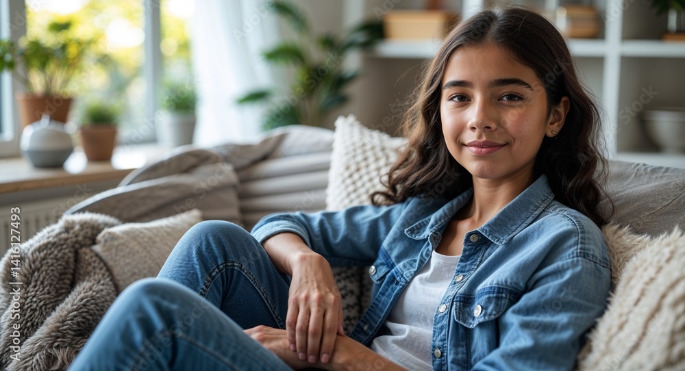 teen latin Hispanic girl portrait cozy home interior relaxation concept background with copy space