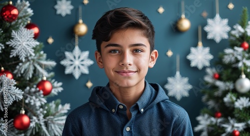 Obraz na płótnie teen latin Hispanic boy portrait Christmas season holidays happy concept background with copy space w salonie