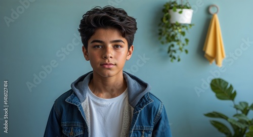Obraz na płótnie teen latin Hispanic boy portrait morning routine skincare fresh day wellness concept background with copy space w salonie