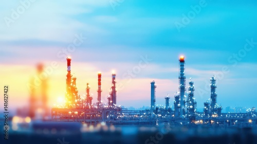 Obraz na płótnie Blurred Industrial Landscape Background with Illuminated Refineries at Dusk w salonie