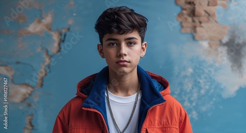 Obraz na płótnie teen latin Hispanic boy portrait trendy streetwear photoshoot urban fashion ad concept background with copy space w salonie