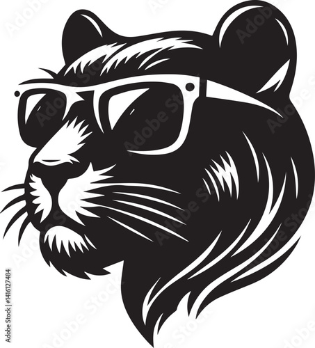 panther head with sunglass vector,  panther head silhouette vector, vector illustration black and white