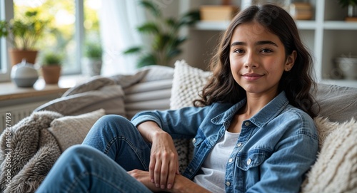 Obraz na płótnie teen latin Hispanic girl portrait cozy home interior relaxation concept background with copy space w salonie