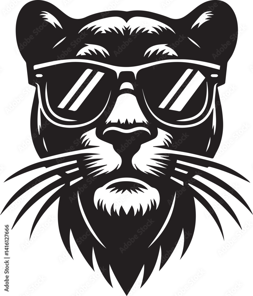 Obraz premium panther head with sunglass vector, panther head silhouette vector, vector illustration black and white