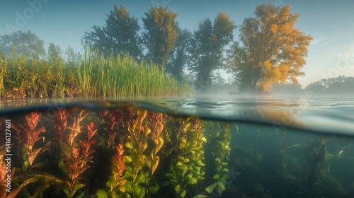 Exploring Underwater Plants in a Tranquil Lake at Misty Sunrise