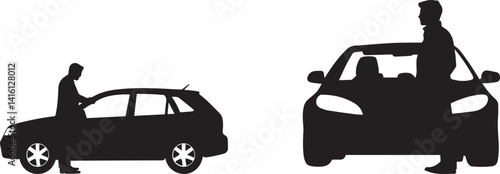 Silhouette Men Standing by Cars Vector Illustration