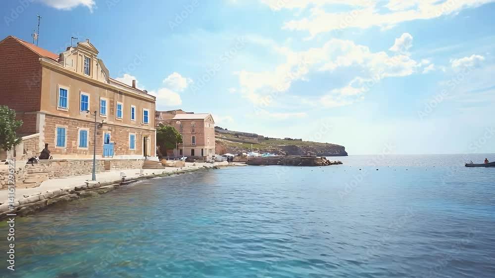 Coastal view of building by the sea; serene waters reflect the sky. A boat glides in the distance under clouds Coastal view of building by the sea; serene waters reflect the sky. A boat glides in the distance under clouds