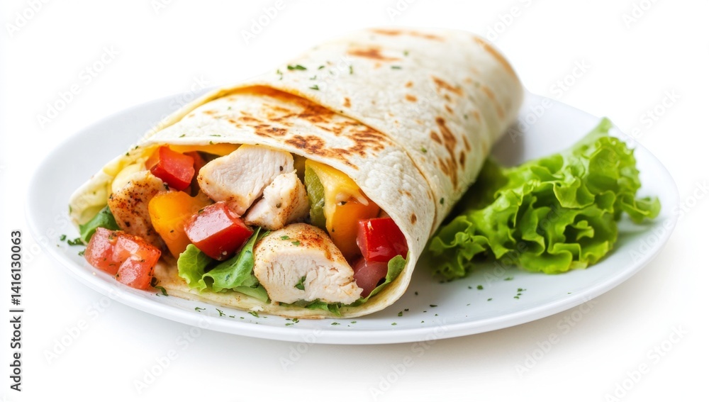 Delicious chicken burrito with colorful veggies Delicious chicken burrito with colorful veggies