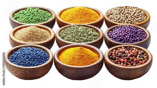 Assorted colorful spices, PNG, isolated on transparent background.