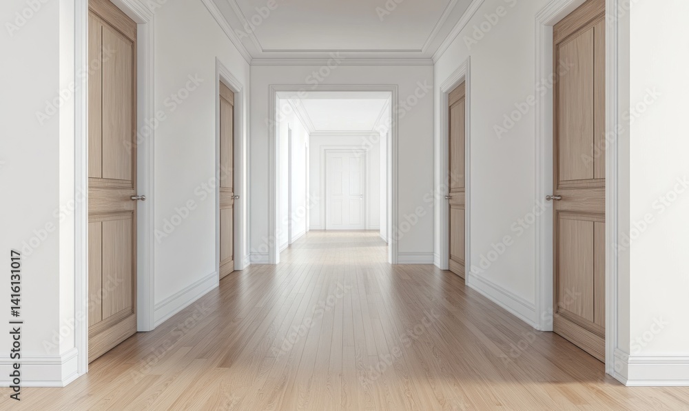 Fototapeta premium A modern hallway features several wooden doors and bright white walls