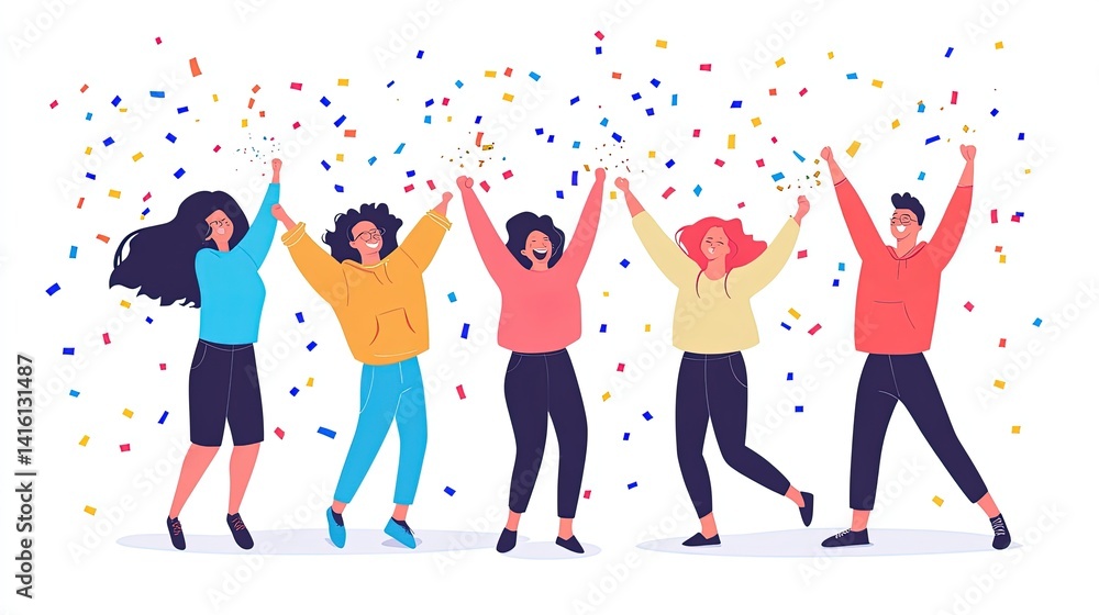 A vector illustration depicts a group of fashionable girls dancing with fun and happiness at a disco party, their silhouettes jumping A vector illustration depicts a group of fashionable girls dancing with fun and happiness at a disco party, their silhouettes jumping
