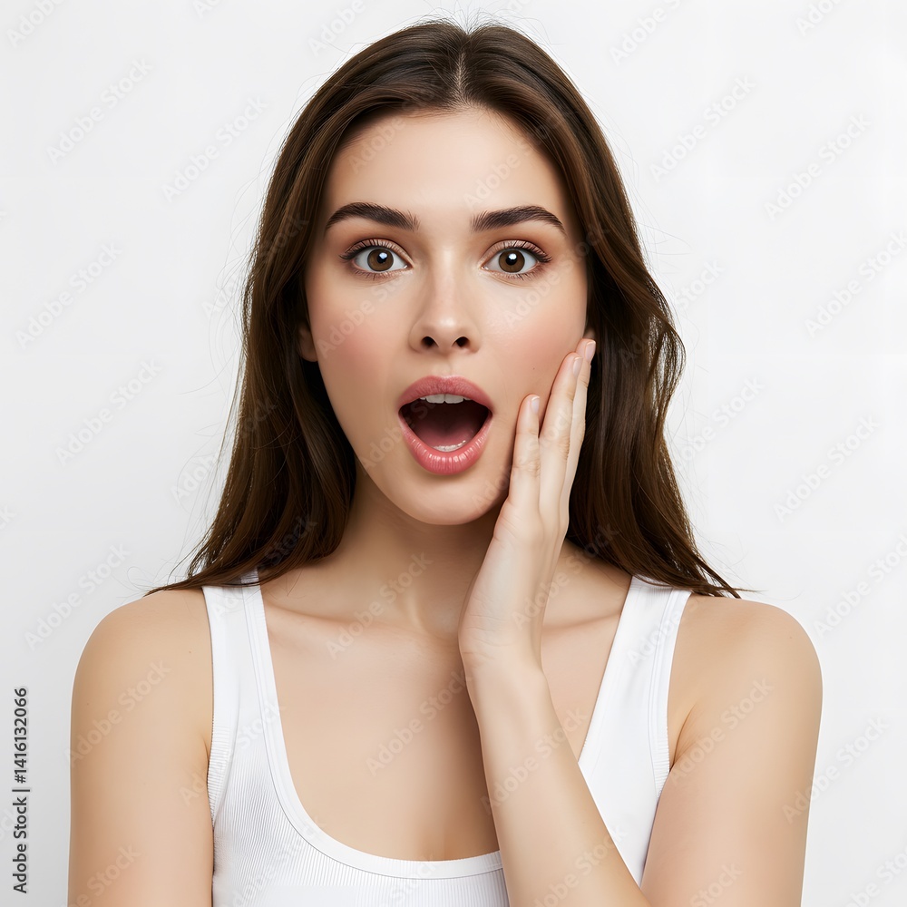 Surprised Young Woman with Open Mouth and Hand on Cheek Surprised Young Woman with Open Mouth and Hand on Cheek