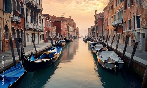 Venice canal view during sunset. Buildings line the waterway with boats gliding through calm waters