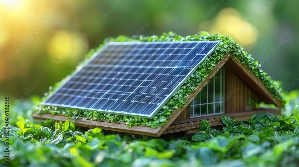 Fototapeta premium Tiny house model, solar panel roof covered with green leaves, outdoors
