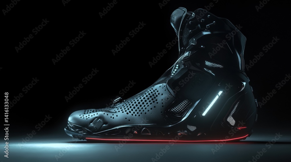 Fototapeta premium Sleek Black High-Performance Shoe with Illuminated Sole for Advanced Sports and Athletic Activities