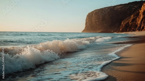 Serene Sunset Coastal Scene: Waves Gently Kissing Sandy Shores