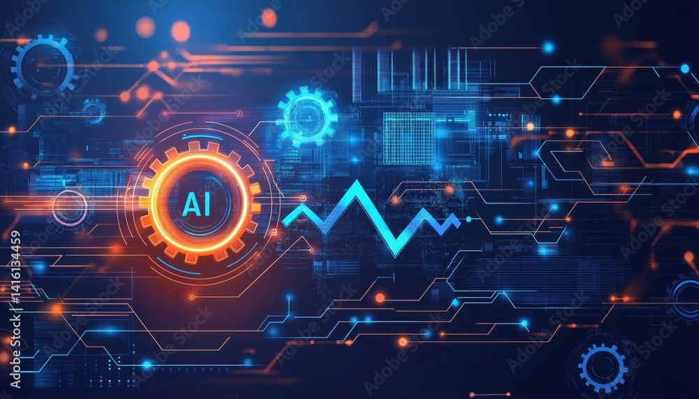 Obraz premium AI Automation Abstract Digital Network with Glowing Gears
