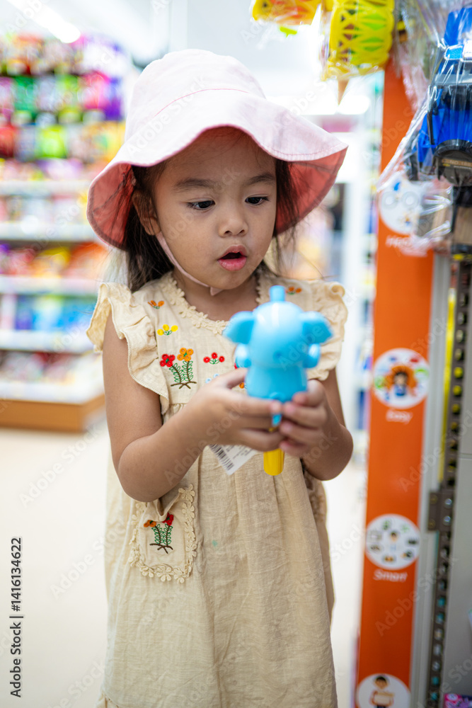 Little girl enjoy shopping toy on shelf in supermarket