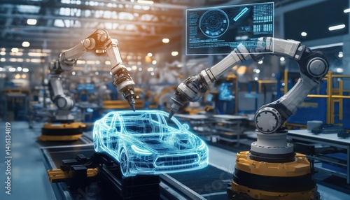 AI Automation Robotic Arms Build Car Wireframe in Modern Factory