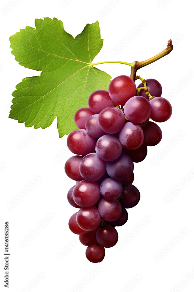 Fototapeta premium Real Ruby Roman Grape Bunch with Green Stem on transparent backround 